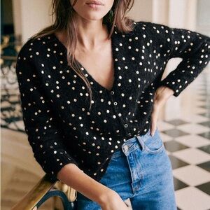 Sezane Talitha Cardigan Wool Button Up Black w/ Gold Polka Dots
